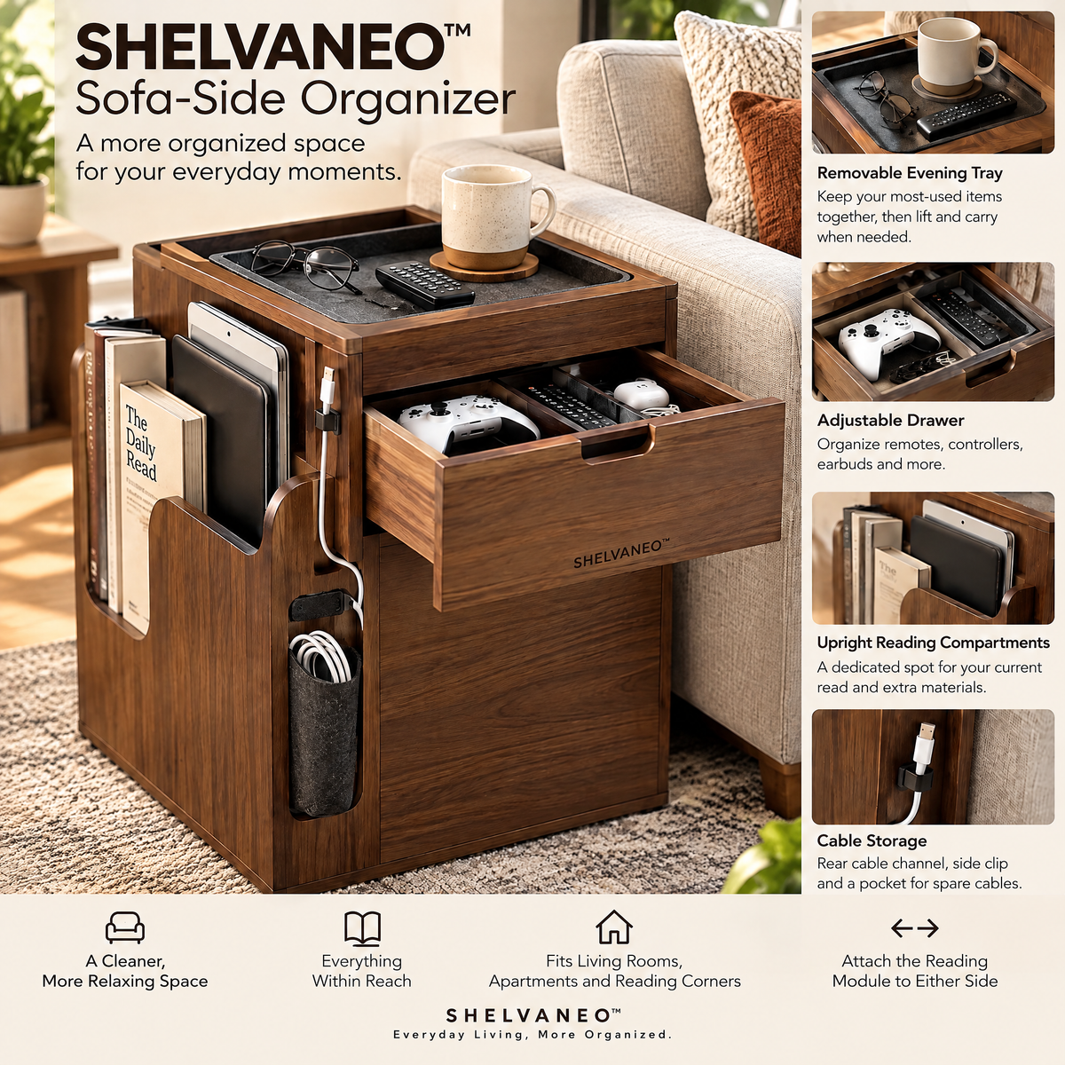 SHELVANEO™ Sofa-Side Organizer with Removable Evening Tray and Cable Storage