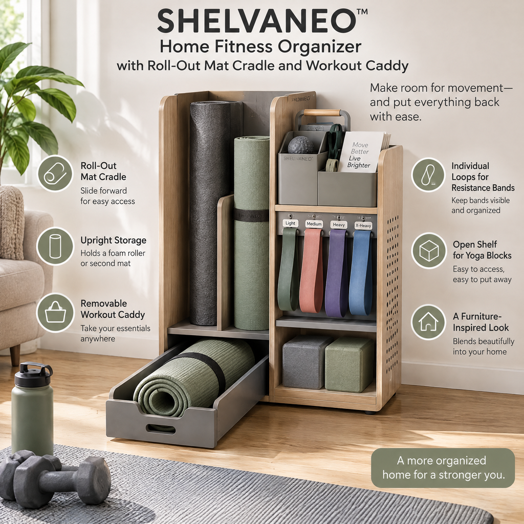 SHELVANEO™ Home Fitness Organizer with Roll-Out Mat Cradle and Workout Caddy