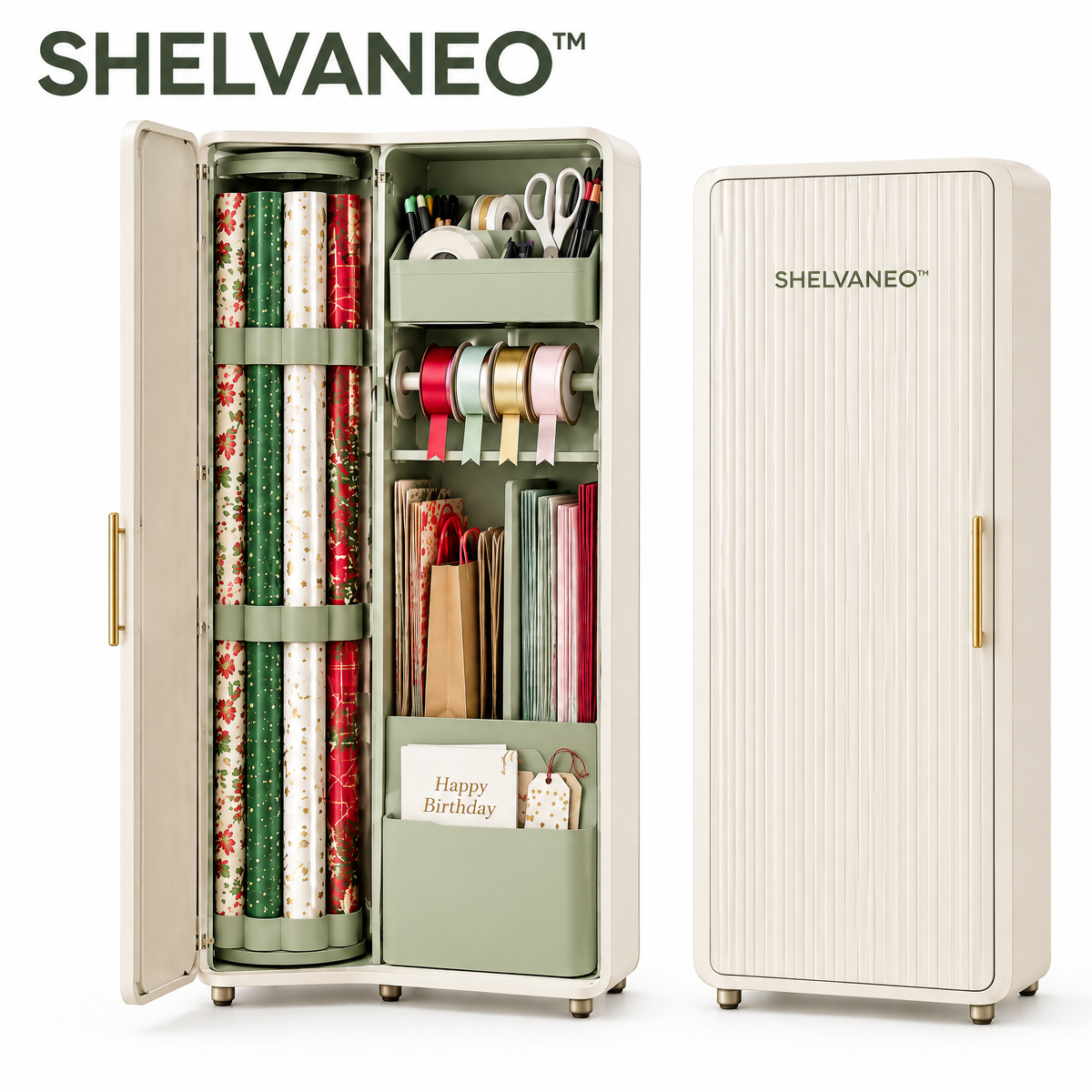 SHELVANEO™ Gift Wrap Organizer with Rotating Roll Storage and Removable Supply Caddy