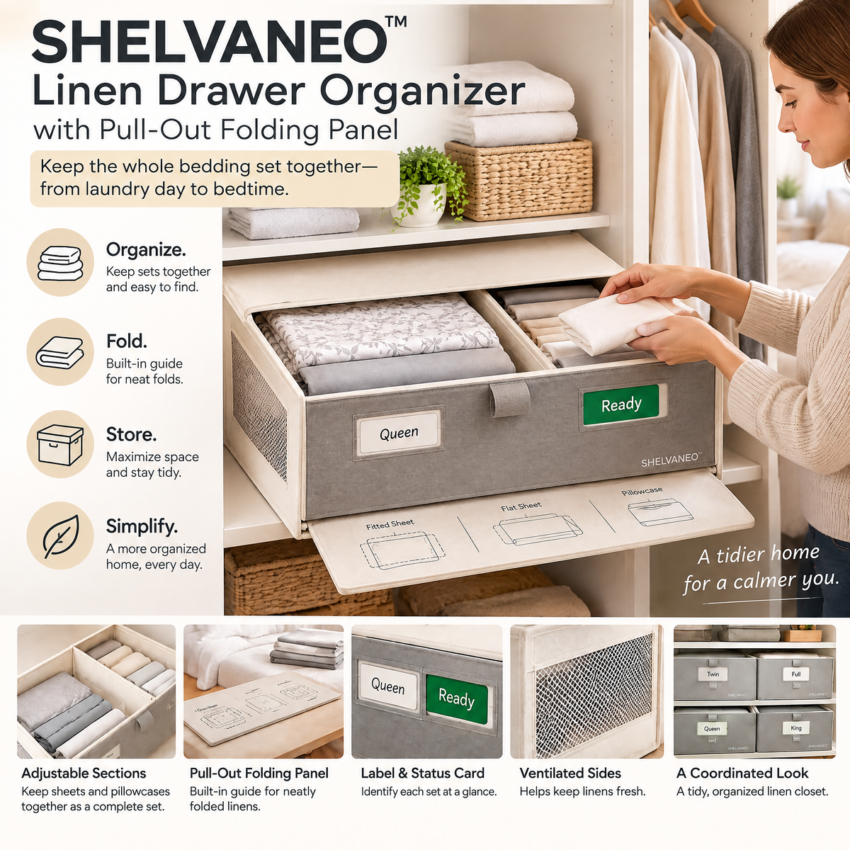 SHELVANEO™ Linen Drawer Organizer with Pull-Out Folding Panel
