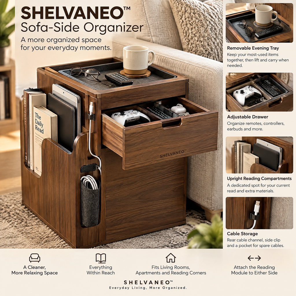 SHELVANEO™ Sofa-Side Organizer with Removable Evening Tray and Cable Storage