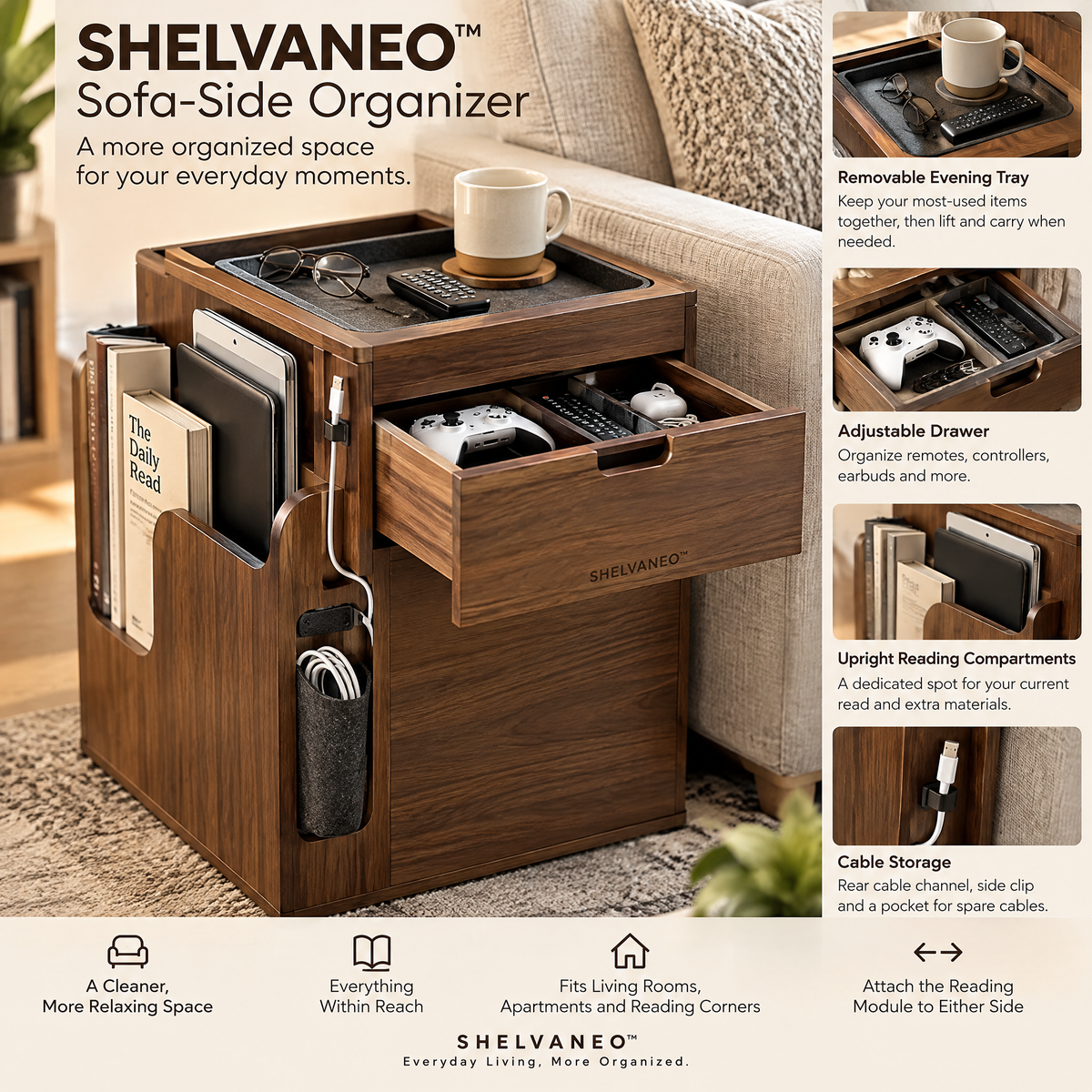 SHELVANEO™ Sofa-Side Organizer with Removable Evening Tray and Cable Storage