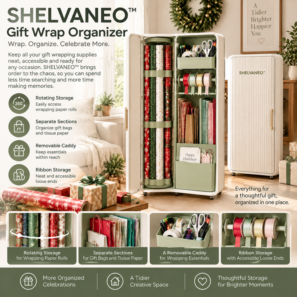 SHELVANEO™ Gift Wrap Organizer with Rotating Roll Storage and Removable Supply Caddy