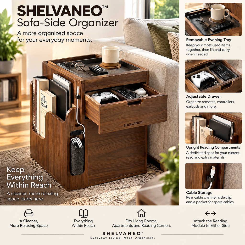 SHELVANEO™ Sofa-Side Organizer with Removable Evening Tray and Cable Storage