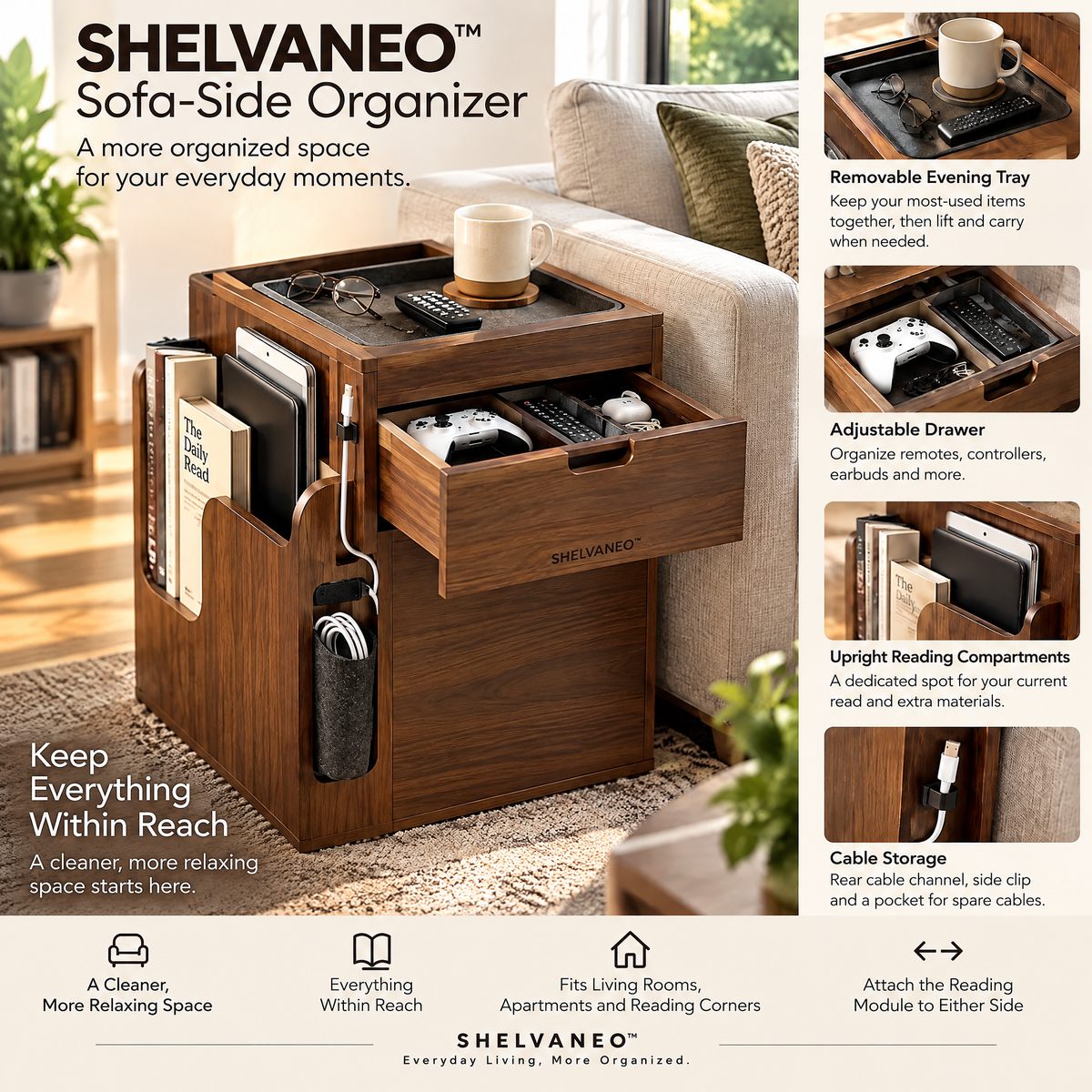 SHELVANEO™ Sofa-Side Organizer with Removable Evening Tray and Cable Storage