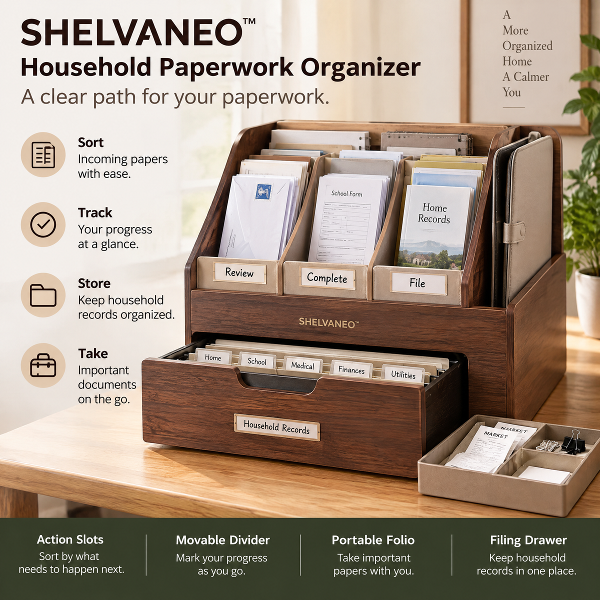 SHELVANEO™ Household Paperwork Organizer with Action Slots and Portable Document Folio