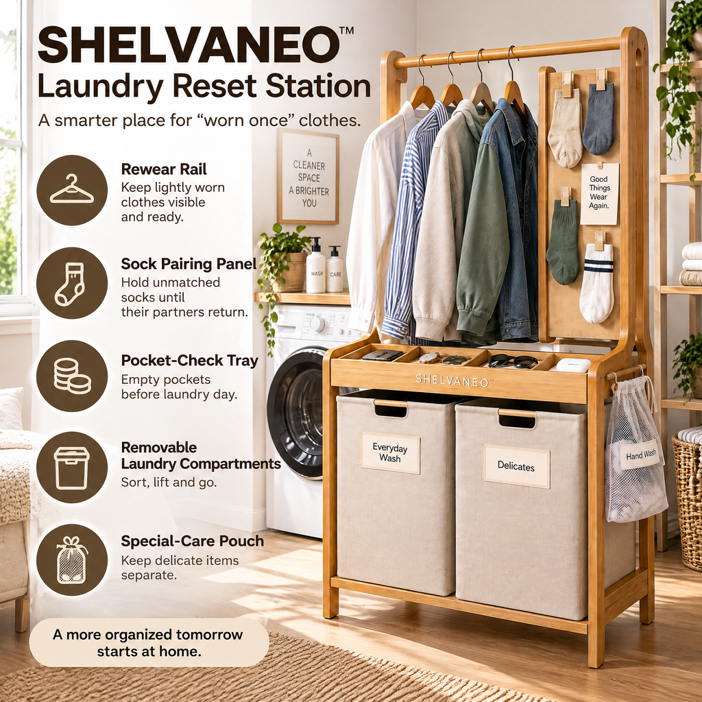 SHELVANEO™ Laundry Reset Station — Hanging Garment Organizer with Rewear Rail and Pocket-Check Tray