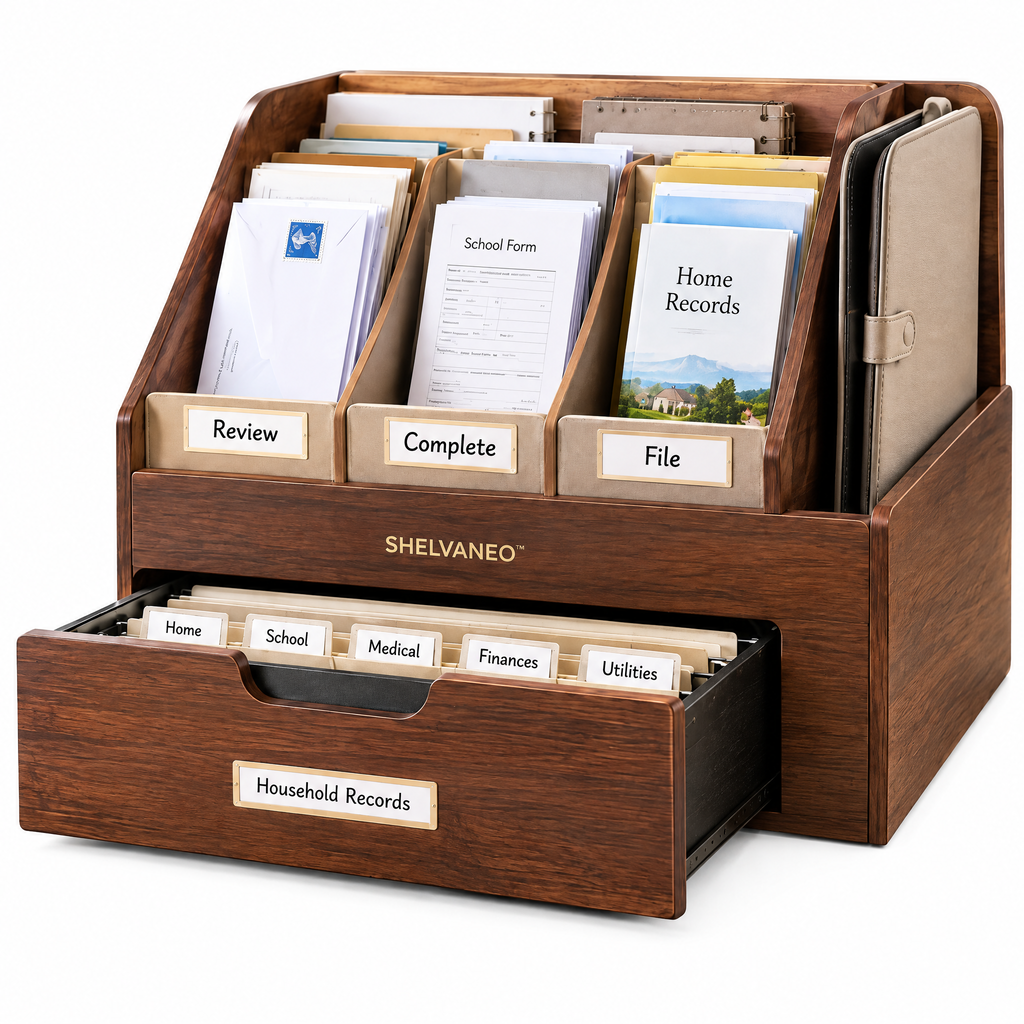 SHELVANEO™ Household Paperwork Organizer with Action Slots and Portable Document Folio