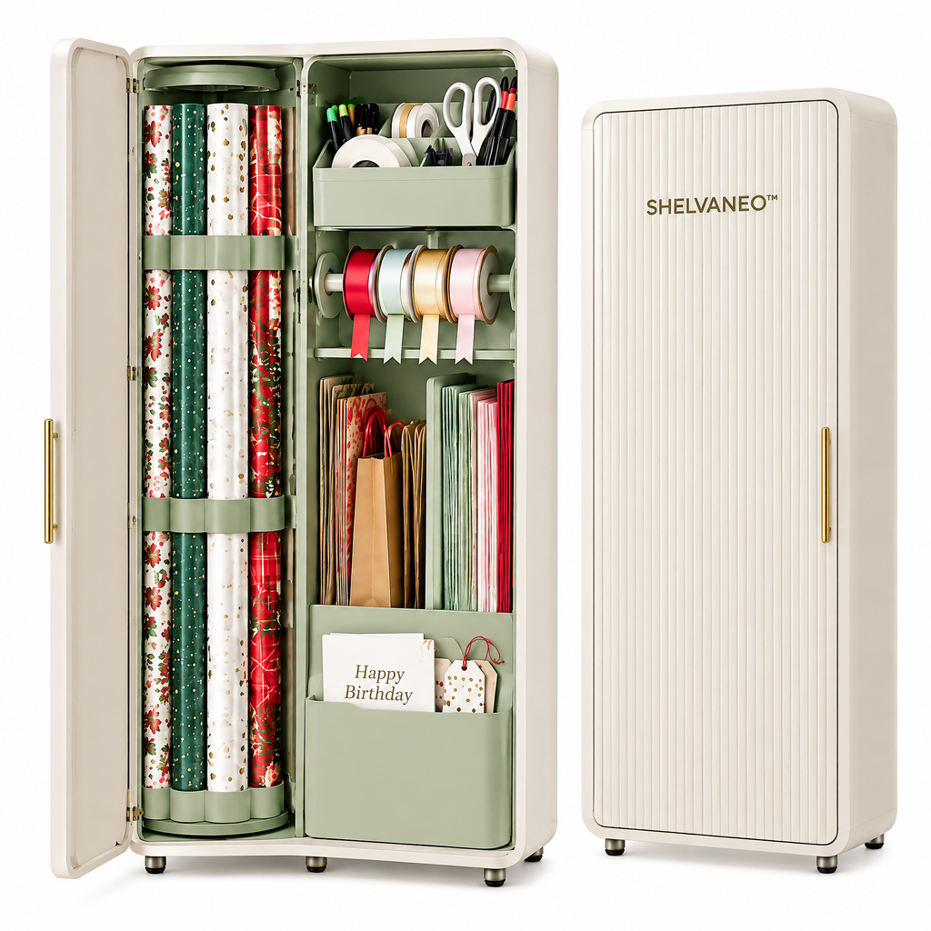 SHELVANEO™ Gift Wrap Organizer with Rotating Roll Storage and Removable Supply Caddy