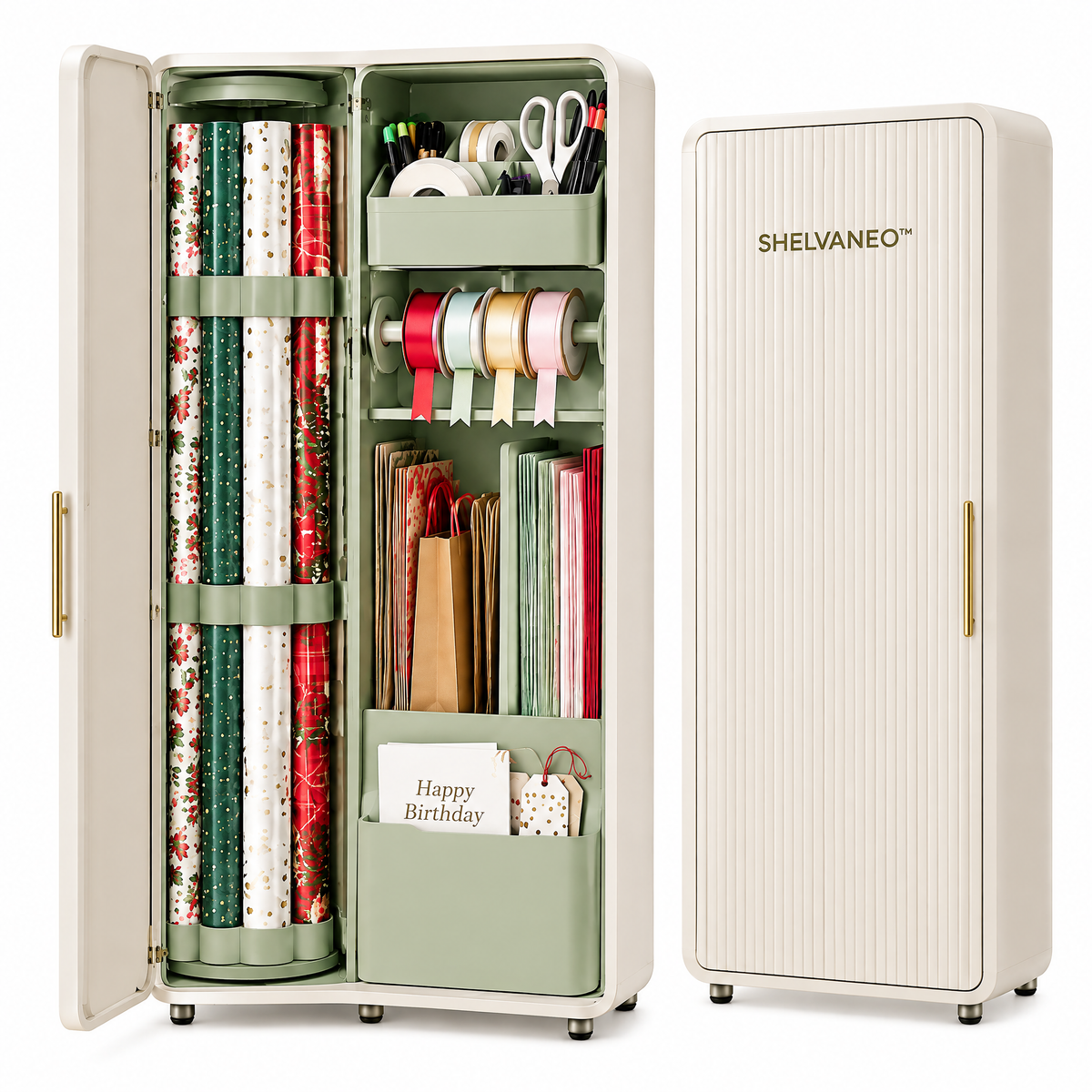 SHELVANEO™ Gift Wrap Organizer with Rotating Roll Storage and Removable Supply Caddy