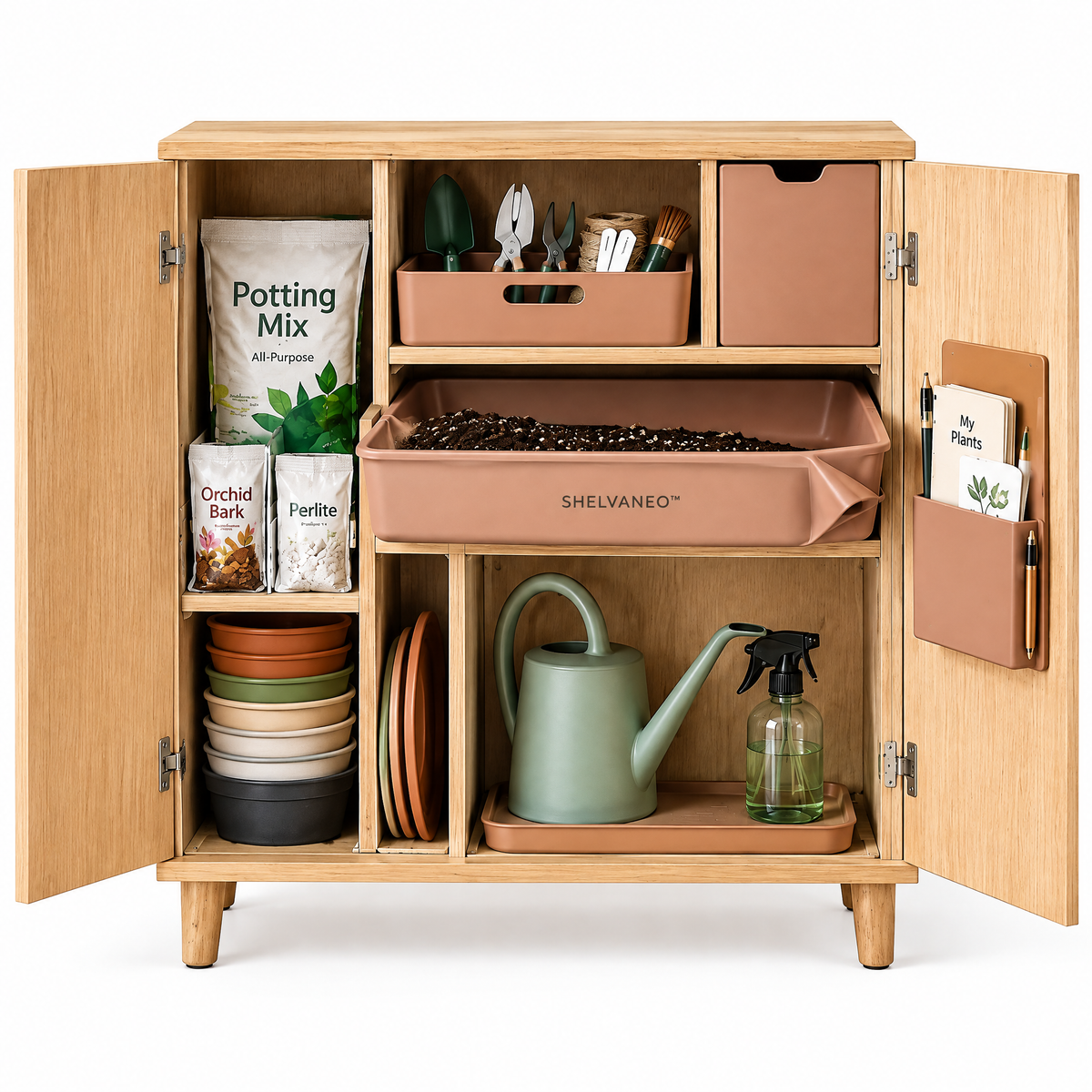 SHELVANEO™ Plant Care Organizer with Nesting Pot Storage and Removable Repotting Basin