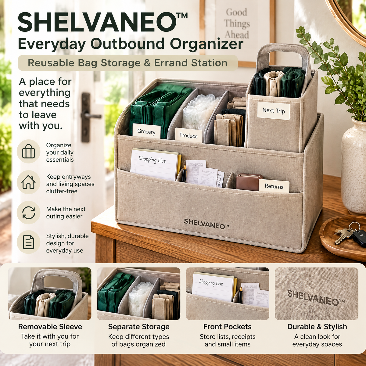SHELVANEO™ Everyday Outbound Organizer — Reusable Bag Storage & Errand Station