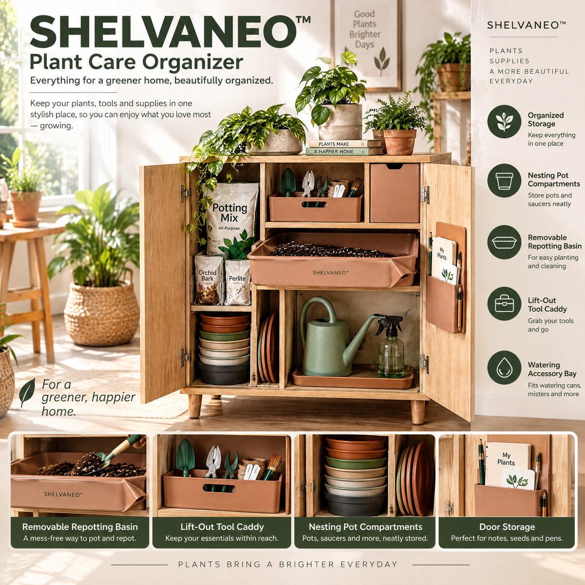 SHELVANEO™ Plant Care Organizer with Nesting Pot Storage and Removable Repotting Basin