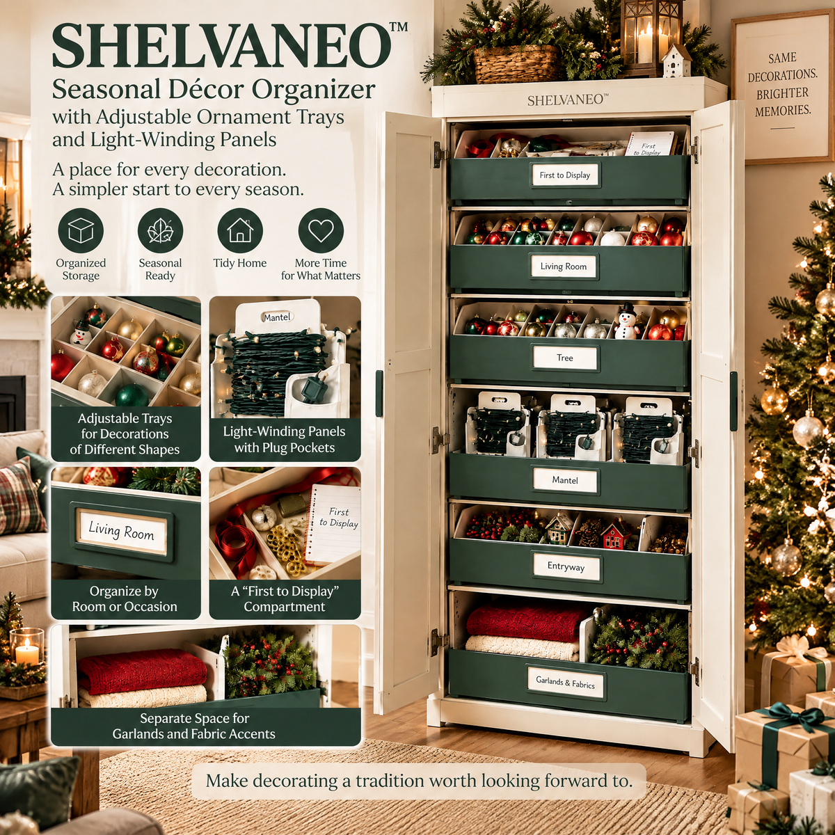 SHELVANEO™ Seasonal Décor Organizer with Adjustable Ornament Trays and Light-Winding Panels