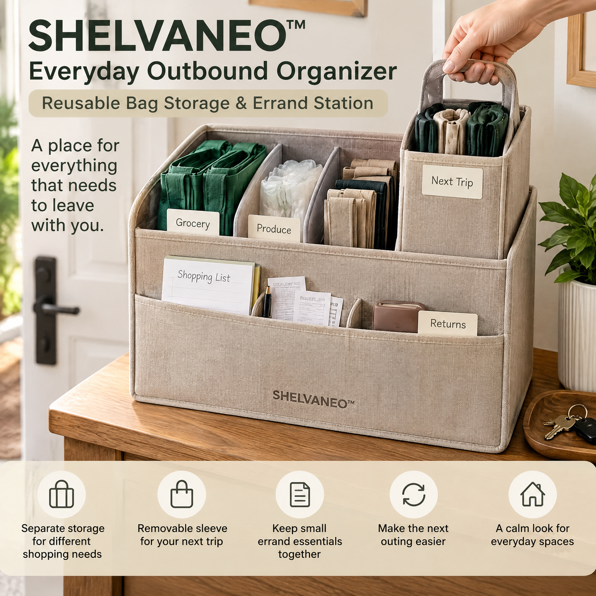 SHELVANEO™ Everyday Outbound Organizer — Reusable Bag Storage & Errand Station