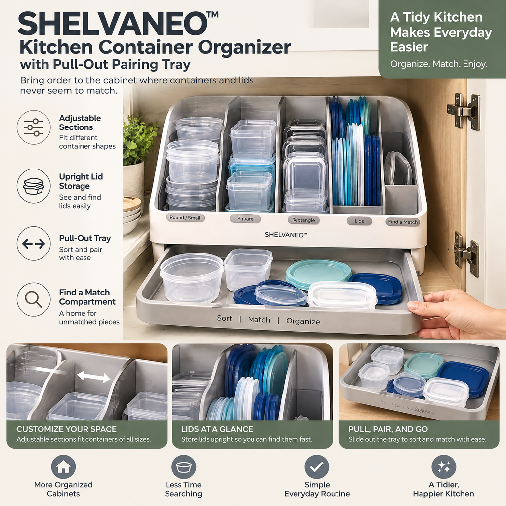 SHELVANEO™ Kitchen Container Organizer with Pull-Out Pairing Tray
