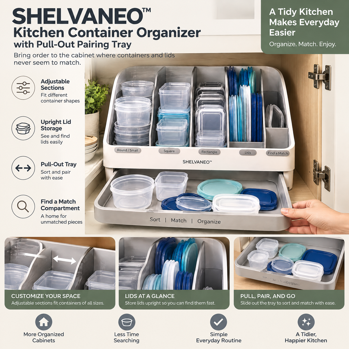 SHELVANEO™ Kitchen Container Organizer with Pull-Out Pairing Tray