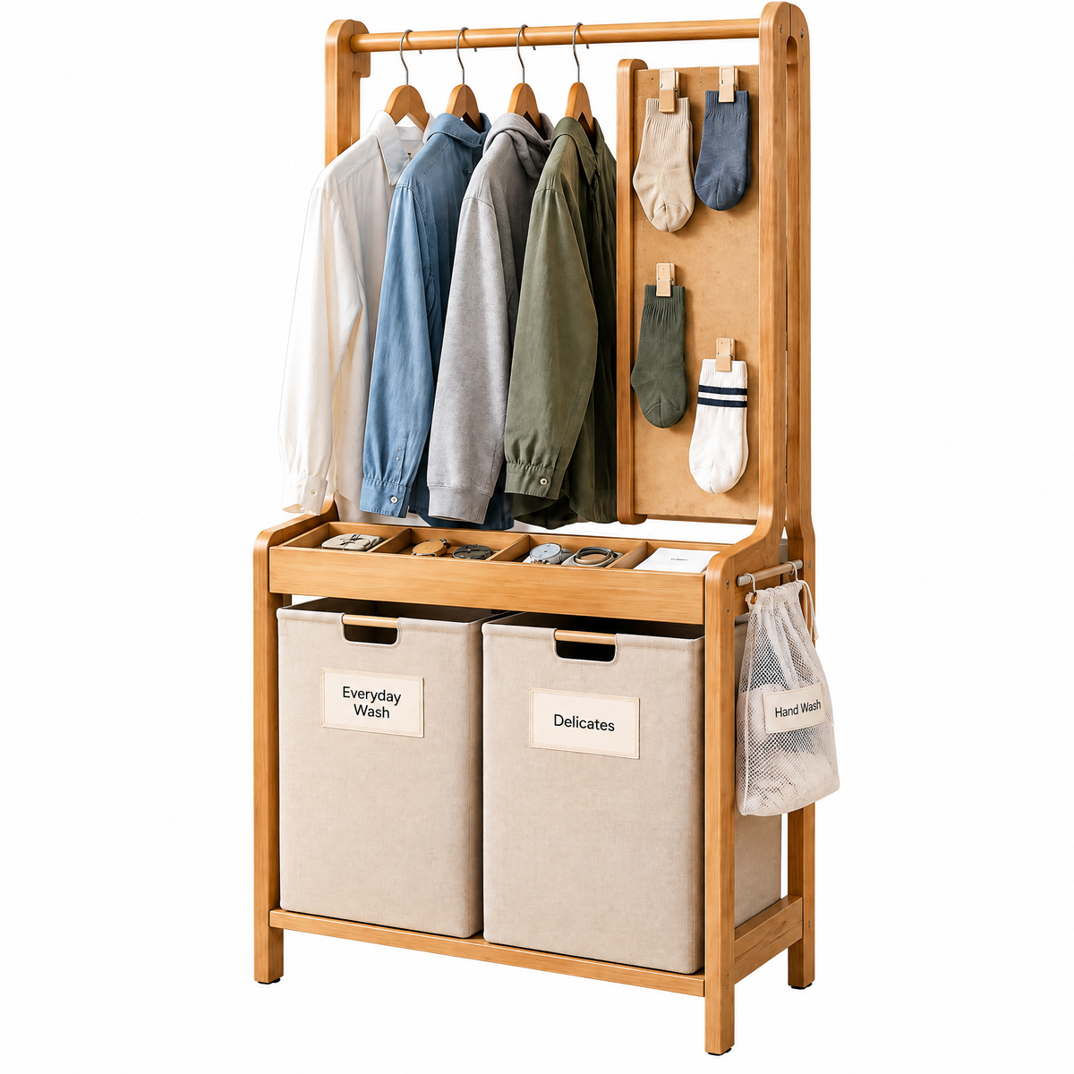 SHELVANEO™ Laundry Reset Station — Hanging Garment Organizer with Rewear Rail and Pocket-Check Tray