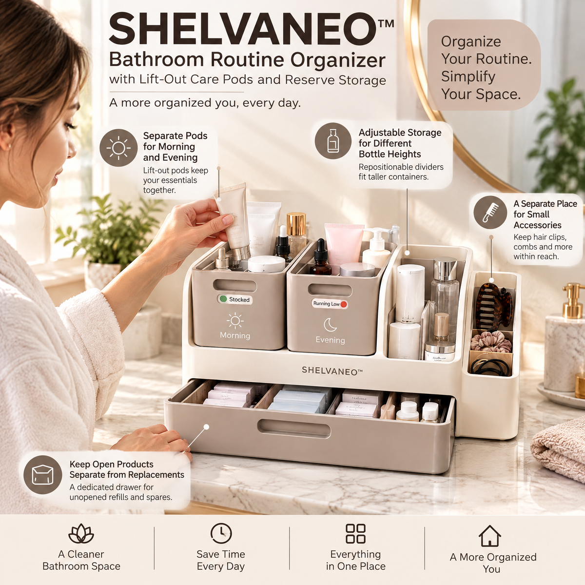 SHELVANEO™ Bathroom Routine Organizer with Lift-Out Care Pods and Reserve Storage