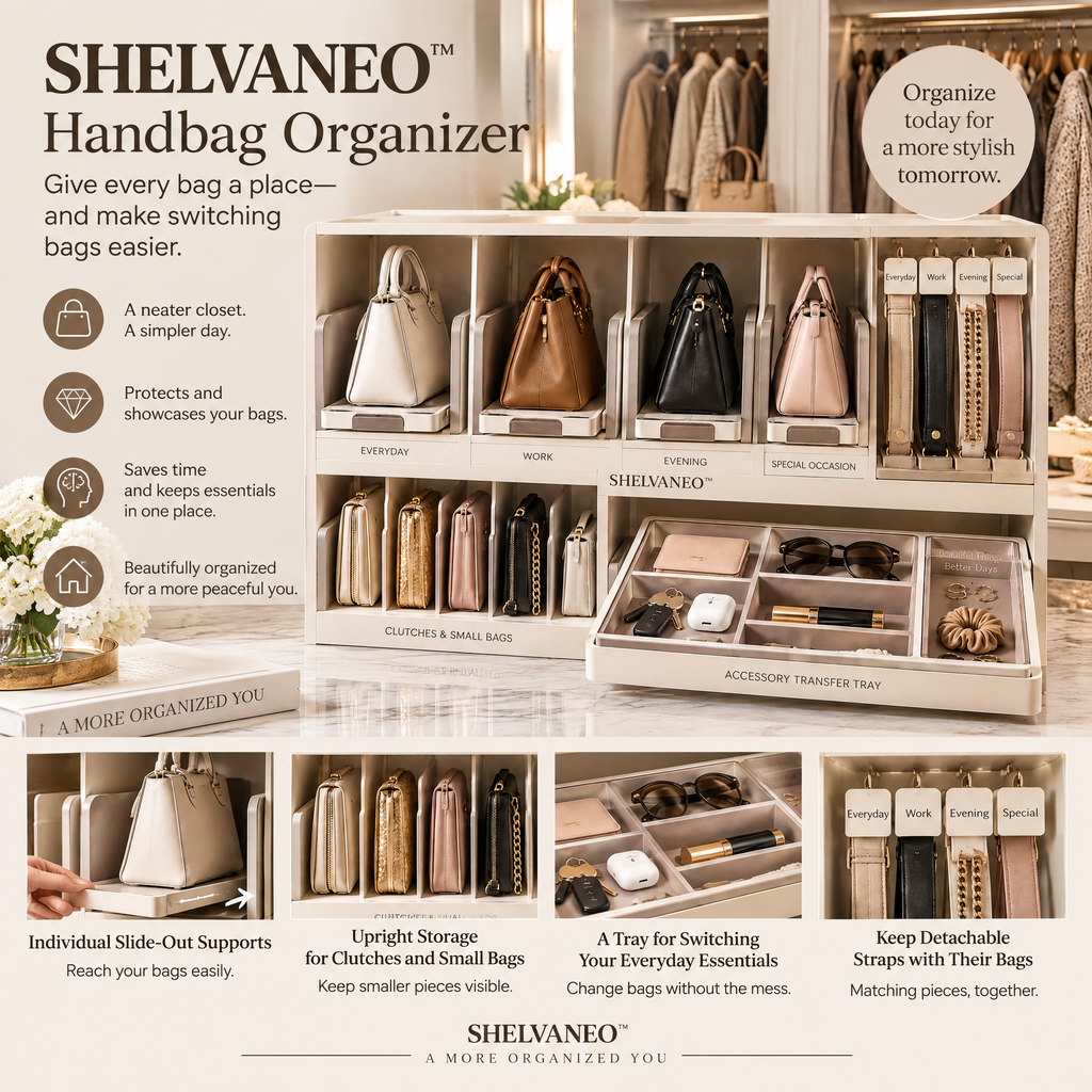 SHELVANEO™ Handbag Organizer with Slide-Out Bag Supports and Accessory Transfer Tray