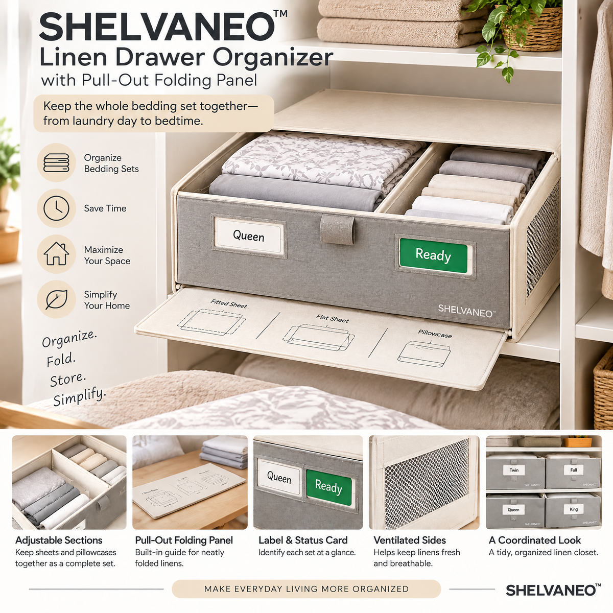 SHELVANEO™ Linen Drawer Organizer with Pull-Out Folding Panel