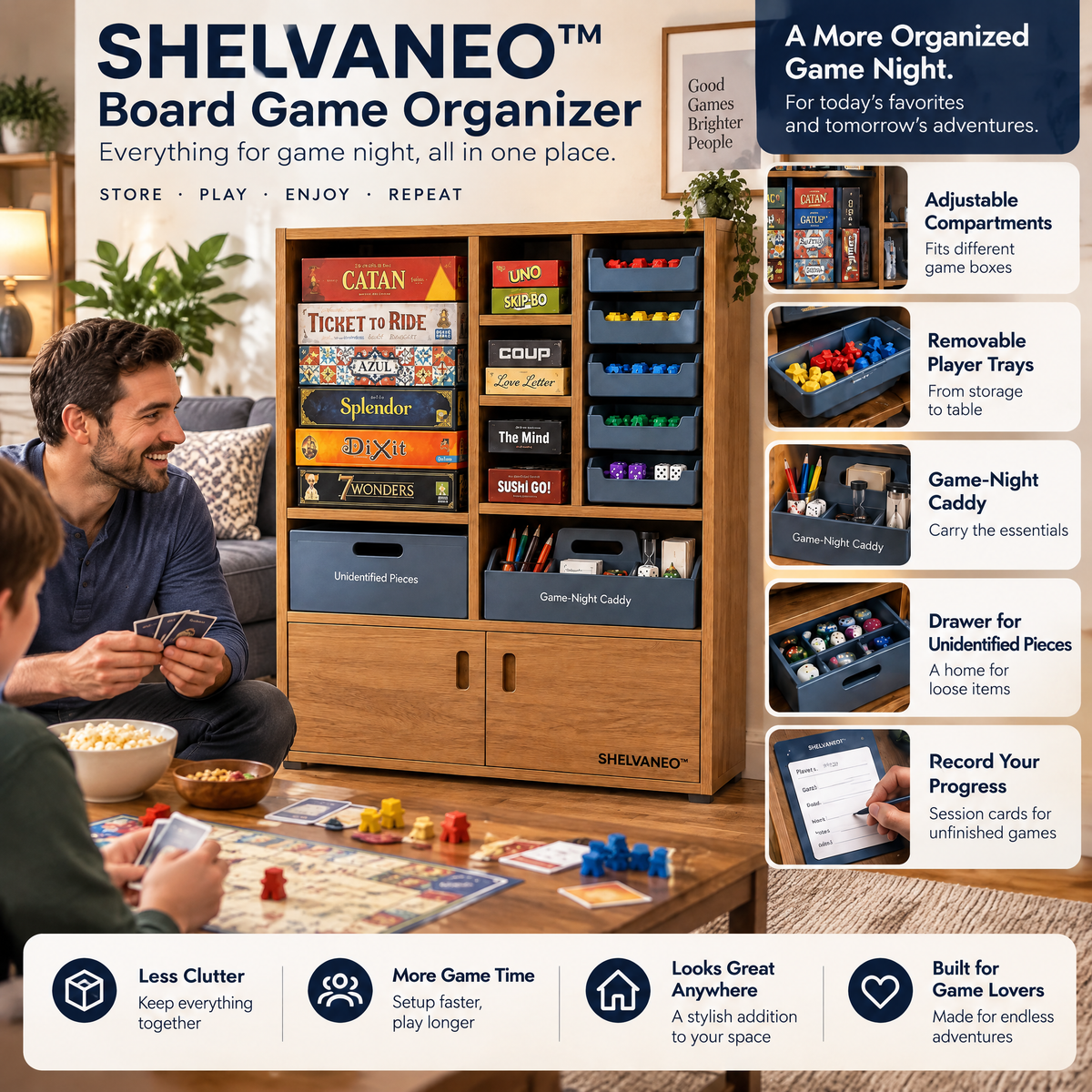 SHELVANEO™ Board Game Organizer with Removable Player Trays and Game-Night Caddy