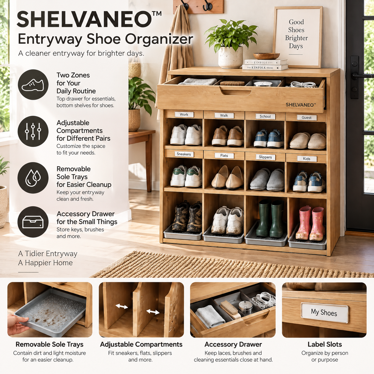SHELVANEO™ Entryway Shoe Organizer with Removable Sole Trays and Accessory Drawer