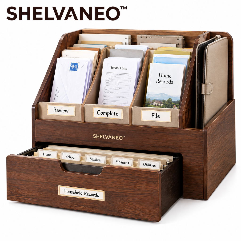 SHELVANEO™ Household Paperwork Organizer with Action Slots and Portable Document Folio