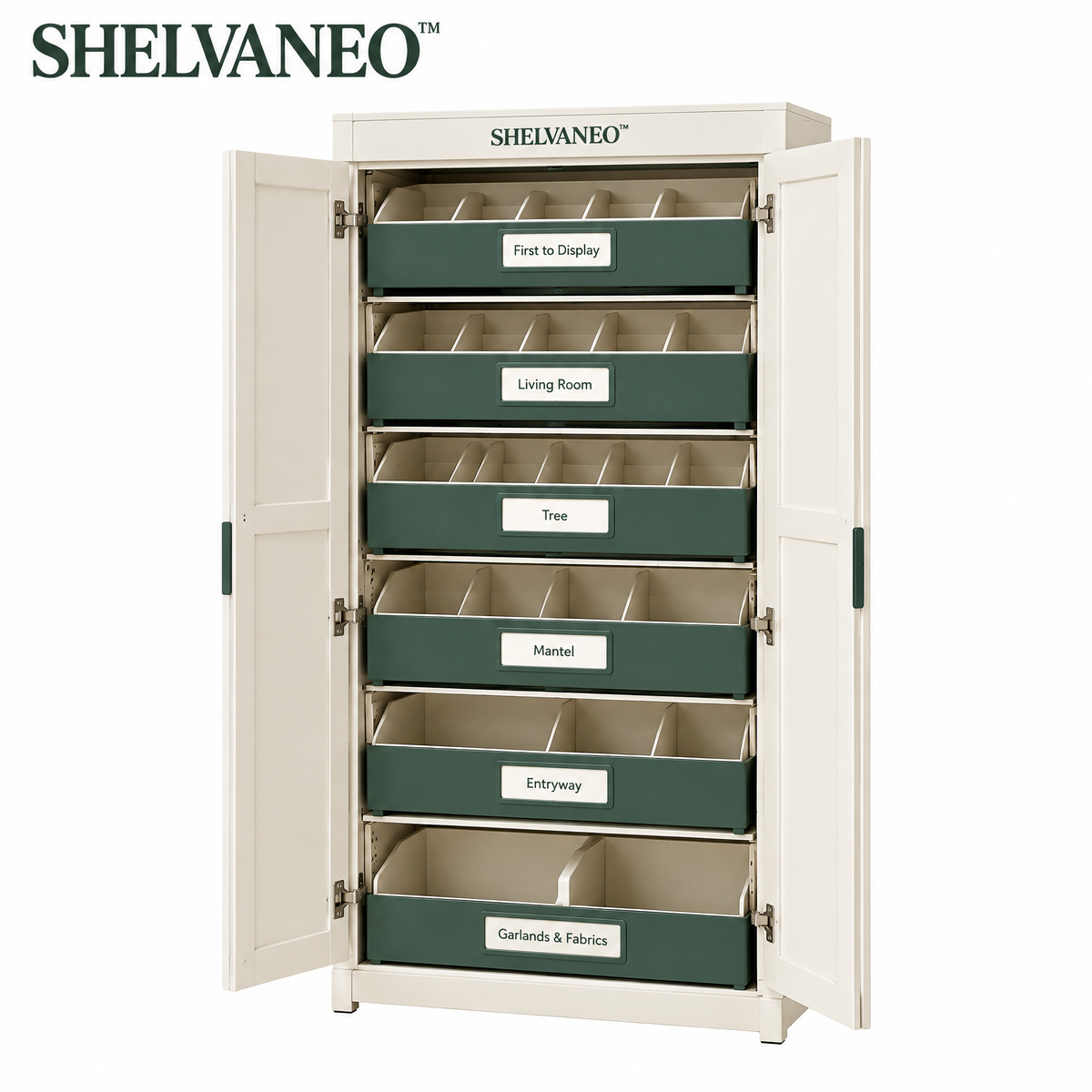 SHELVANEO™ Seasonal Décor Organizer with Adjustable Ornament Trays and Light-Winding Panels