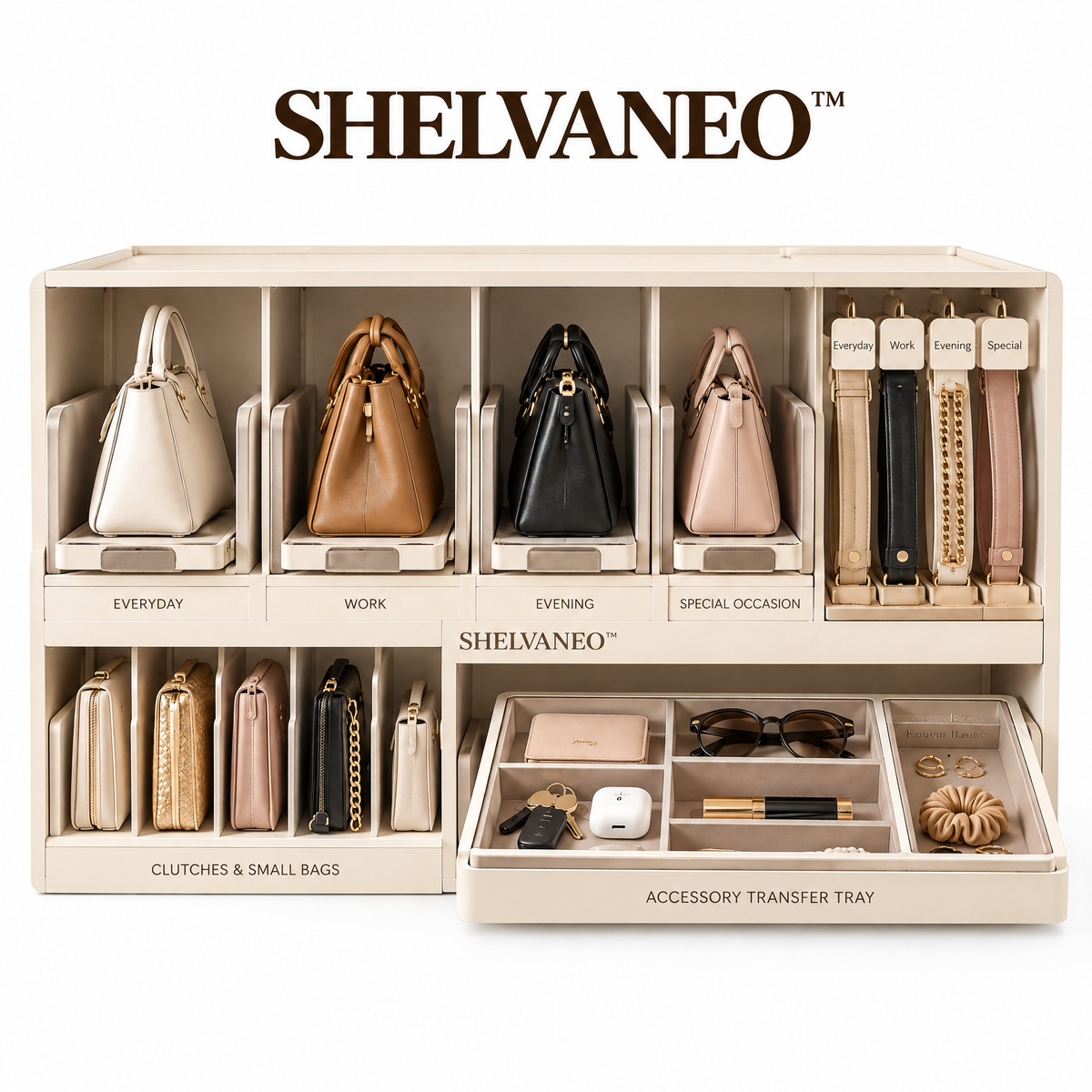 SHELVANEO™ Handbag Organizer with Slide-Out Bag Supports and Accessory Transfer Tray