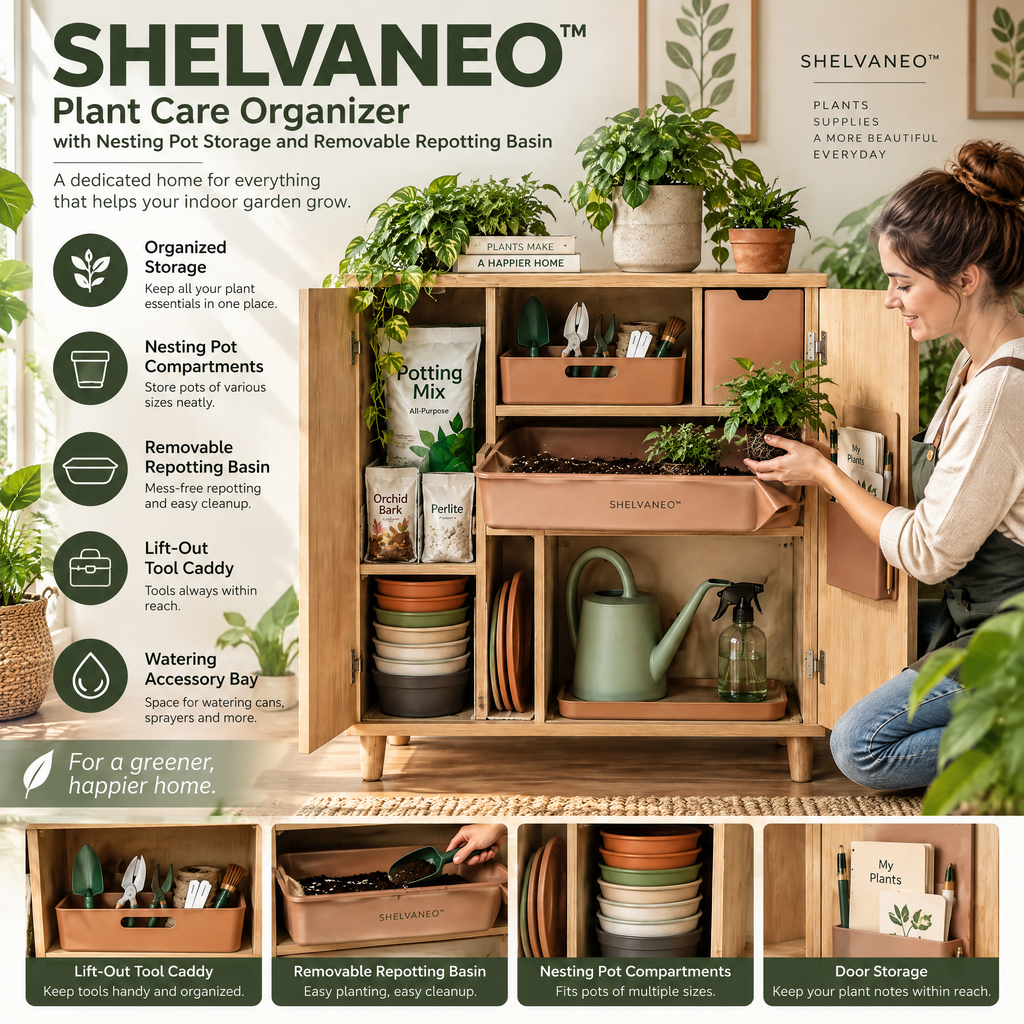 SHELVANEO™ Plant Care Organizer with Nesting Pot Storage and Removable Repotting Basin