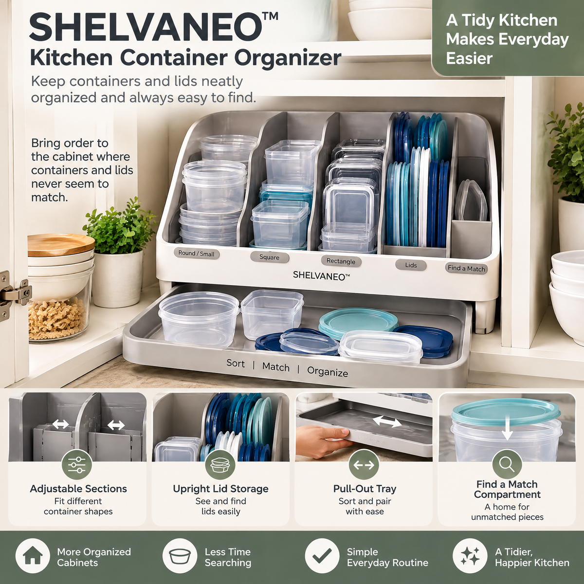 SHELVANEO™ Kitchen Container Organizer with Pull-Out Pairing Tray
