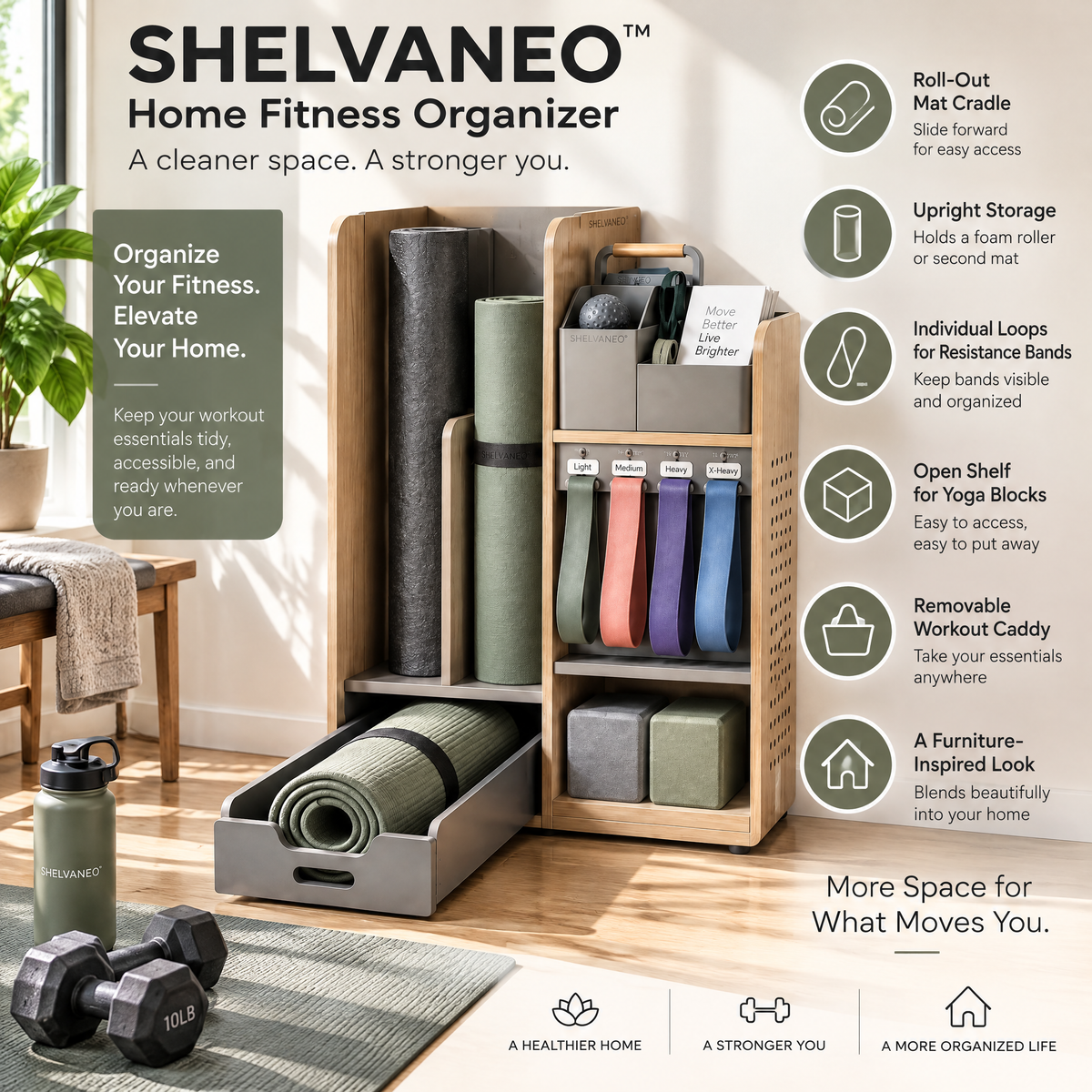 SHELVANEO™ Home Fitness Organizer with Roll-Out Mat Cradle and Workout Caddy
