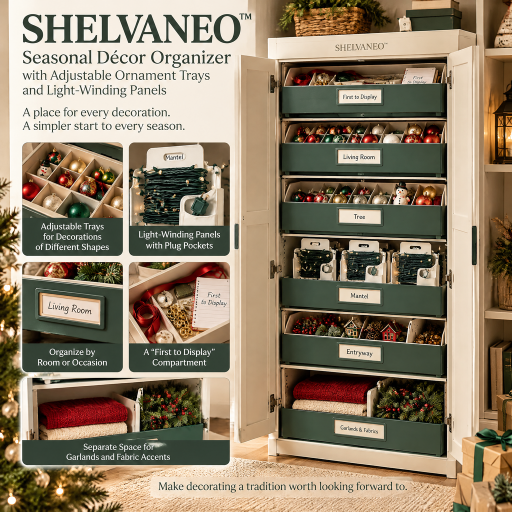 SHELVANEO™ Seasonal Décor Organizer with Adjustable Ornament Trays and Light-Winding Panels