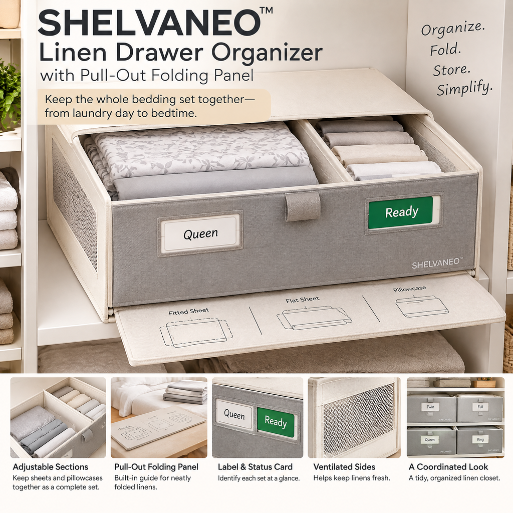 SHELVANEO™ Linen Drawer Organizer with Pull-Out Folding Panel