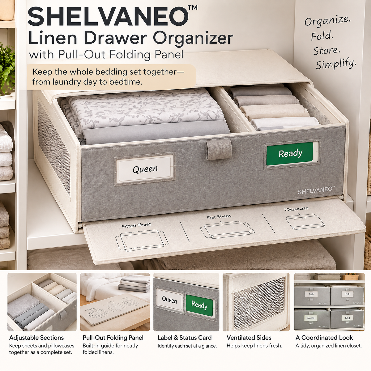 SHELVANEO™ Linen Drawer Organizer with Pull-Out Folding Panel