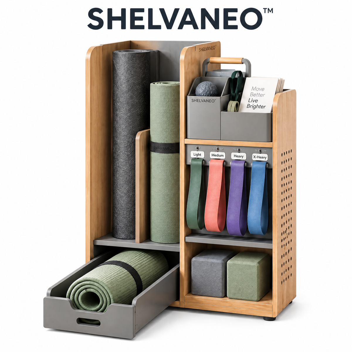 SHELVANEO™ Home Fitness Organizer with Roll-Out Mat Cradle and Workout Caddy