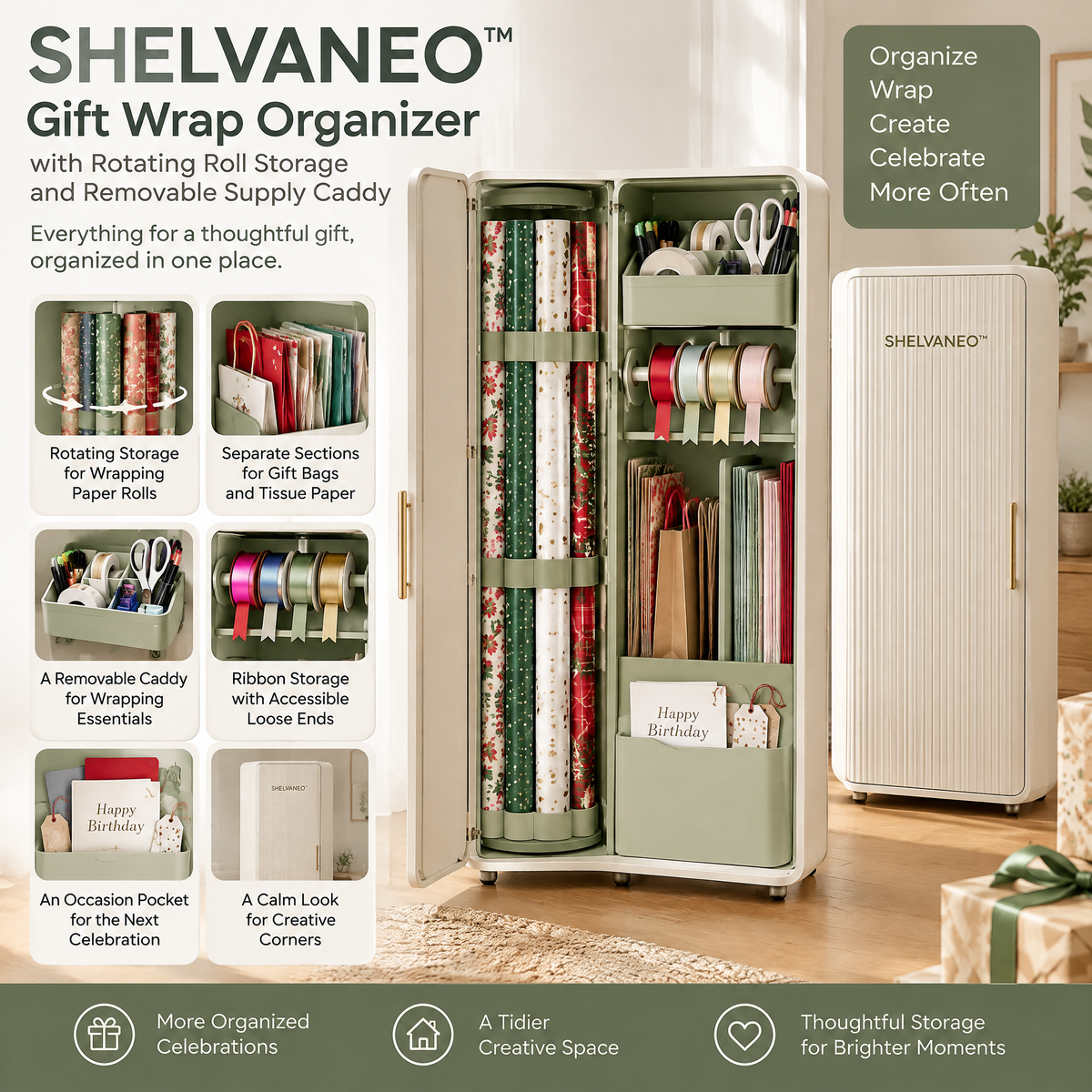 SHELVANEO™ Gift Wrap Organizer with Rotating Roll Storage and Removable Supply Caddy