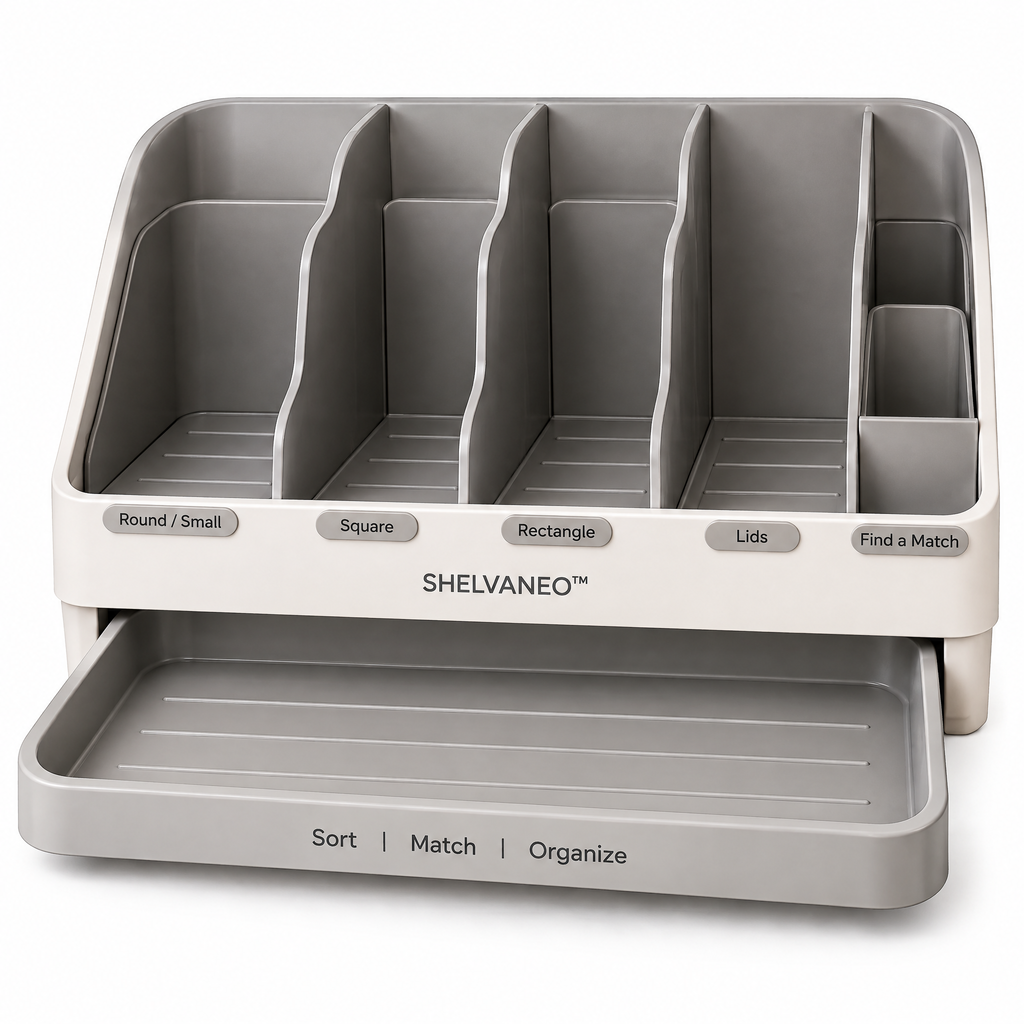 SHELVANEO™ Kitchen Container Organizer with Pull-Out Pairing Tray