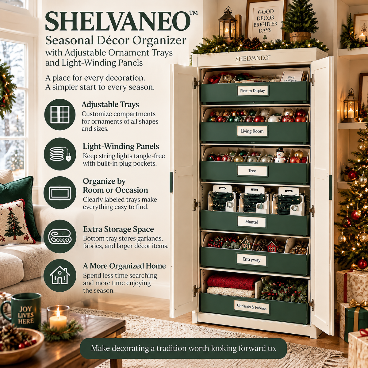 SHELVANEO™ Seasonal Décor Organizer with Adjustable Ornament Trays and Light-Winding Panels