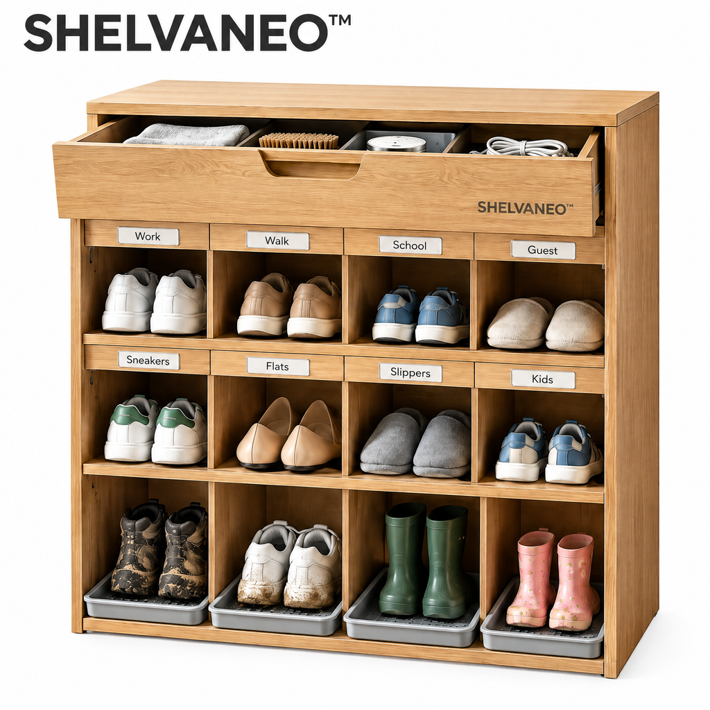 SHELVANEO™ Entryway Shoe Organizer with Removable Sole Trays and Accessory Drawer