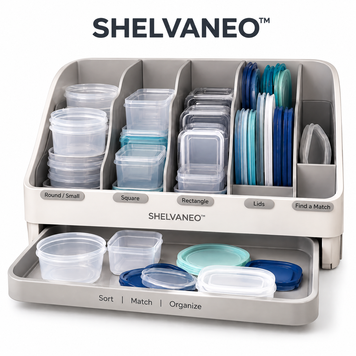 SHELVANEO™ Kitchen Container Organizer with Pull-Out Pairing Tray