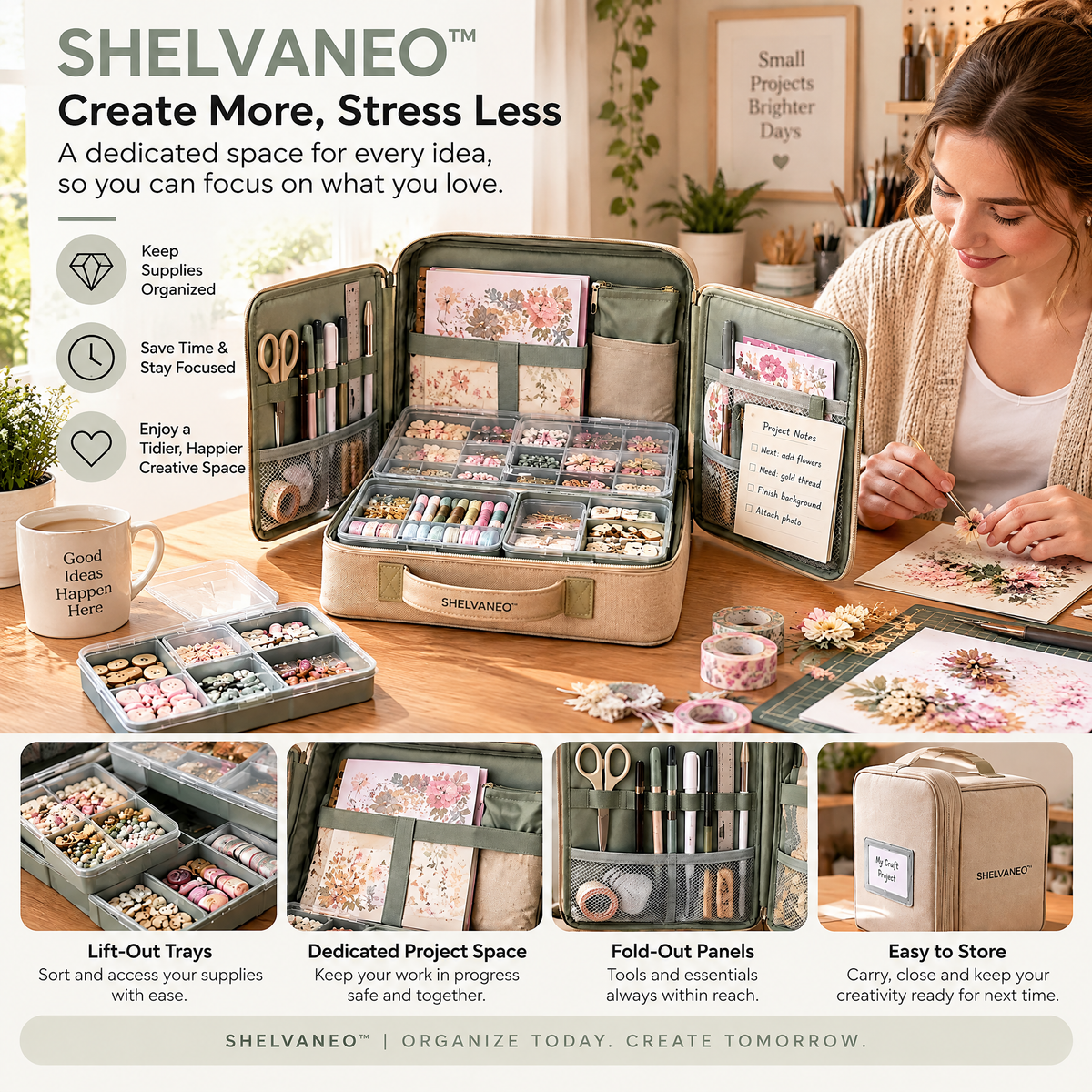 SHELVANEO™ Project Pause Organizer — Expandable Craft Storage Case with Lift-Out Work Trays