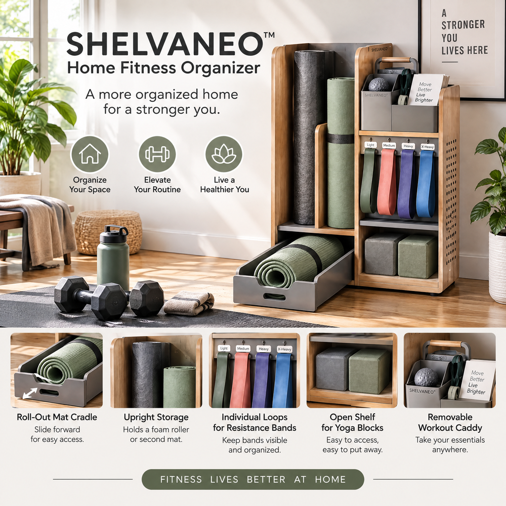 SHELVANEO™ Home Fitness Organizer with Roll-Out Mat Cradle and Workout Caddy