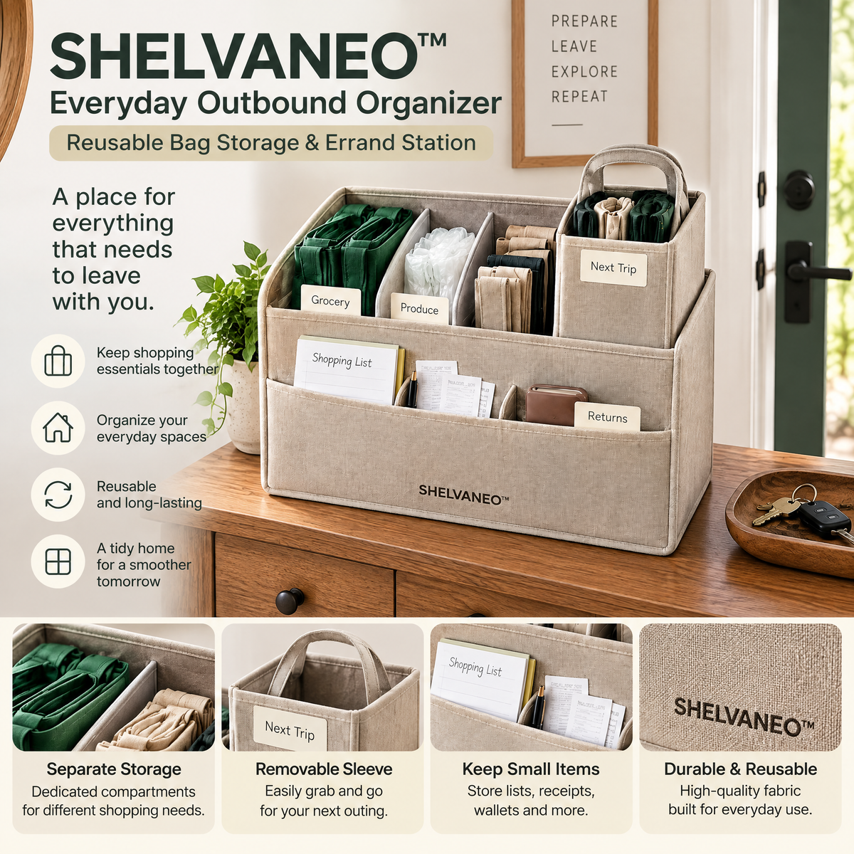SHELVANEO™ Everyday Outbound Organizer — Reusable Bag Storage & Errand Station