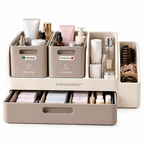 SHELVANEO™ Bathroom Routine Organizer with Lift-Out Care Pods and Reserve Storage