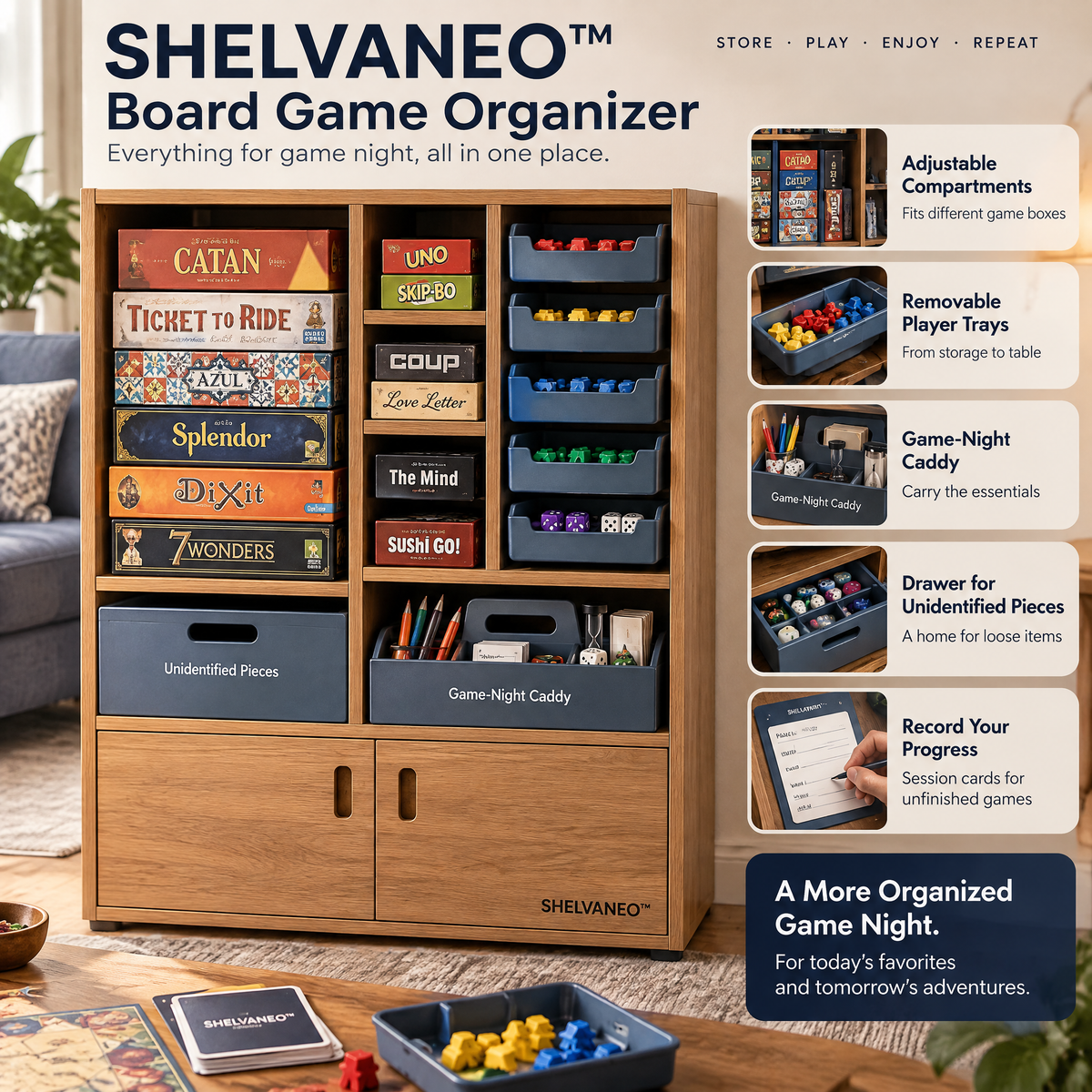 SHELVANEO™ Board Game Organizer with Removable Player Trays and Game-Night Caddy