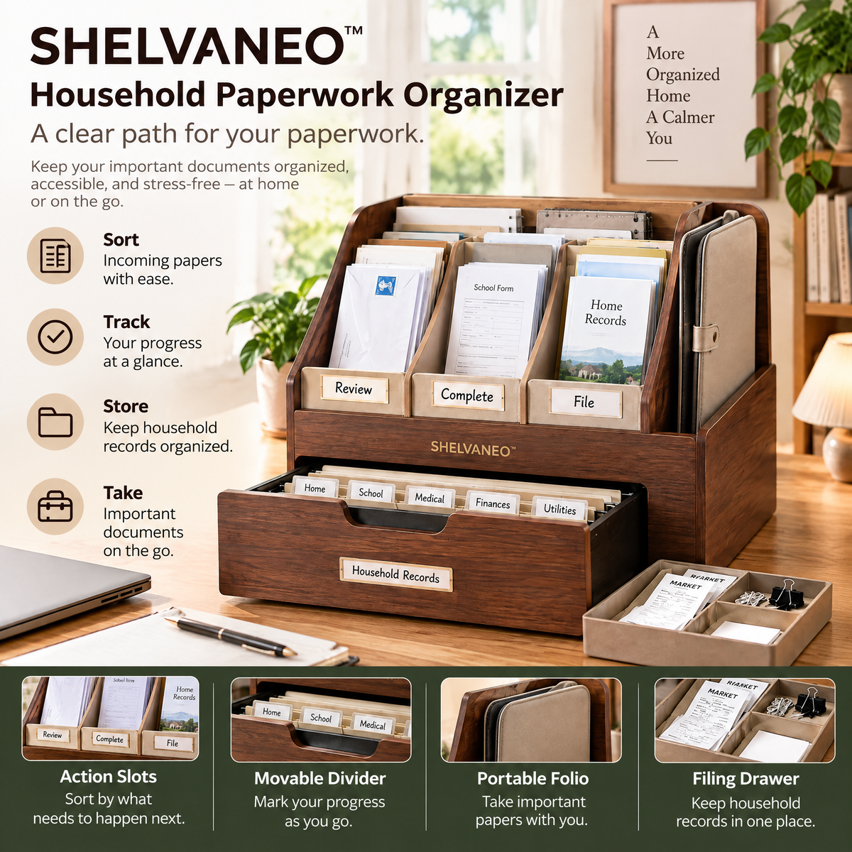 SHELVANEO™ Household Paperwork Organizer with Action Slots and Portable Document Folio