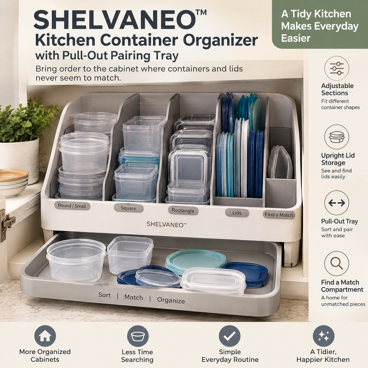 SHELVANEO™ Kitchen Container Organizer with Pull-Out Pairing Tray