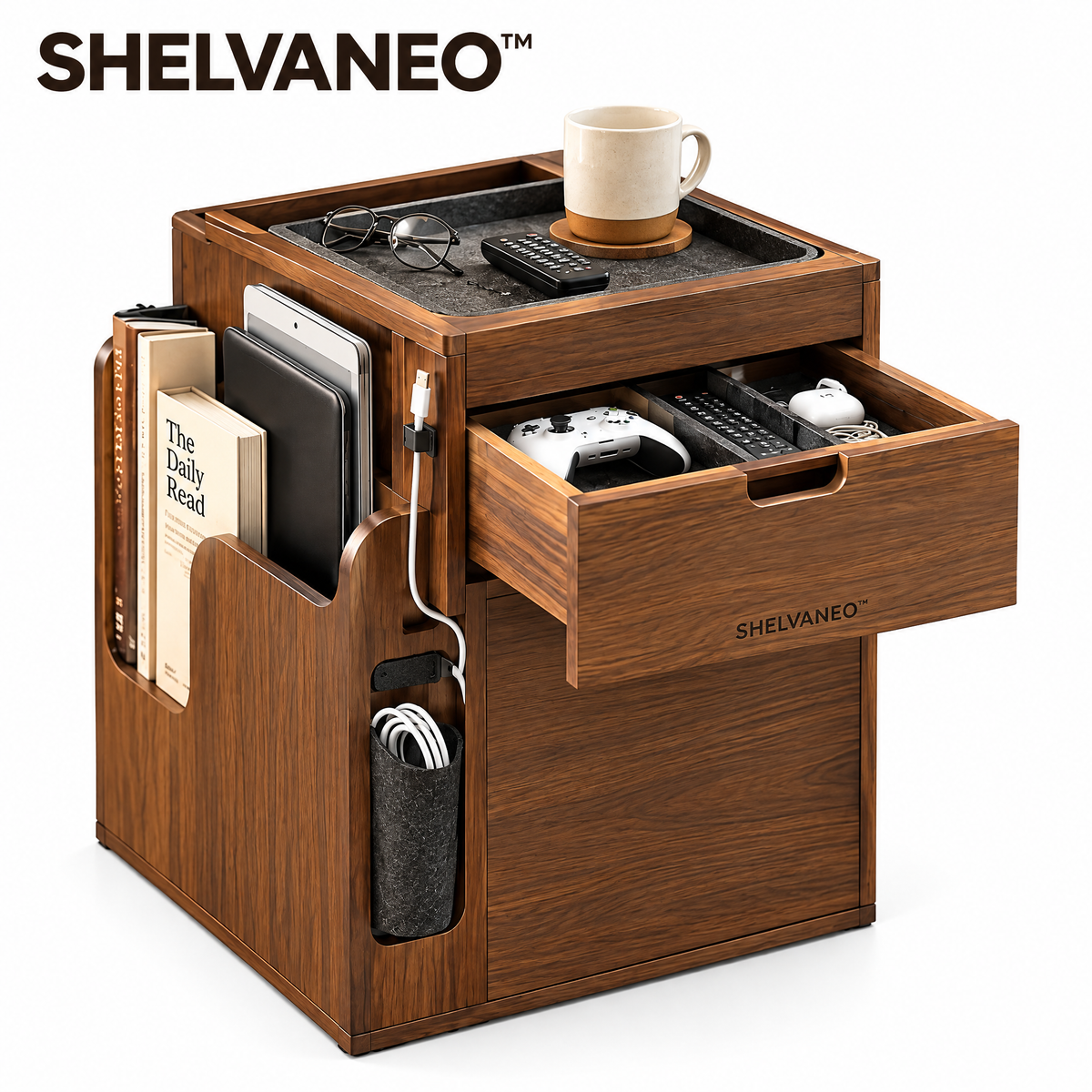 SHELVANEO™ Sofa-Side Organizer with Removable Evening Tray and Cable Storage